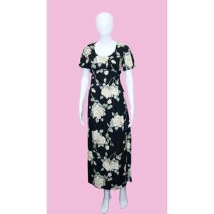 1990s ALL THAT JAZZ Rose Print Short Sleeve. Empire Waist. Maxi Dress. Sm. As Is